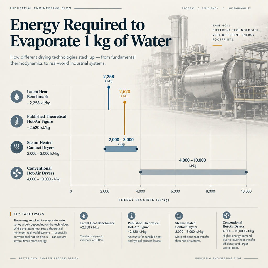 What Does It Cost to Remove 1 kg of Water? A Simple Way to Compare Any Two Dryers 1 Infographic comparing energy required to evaporate 1 kg of water across drying technologies, showing a 2,258 kJ/kg latent heat benchmark, 2,620 kJ/kg theoretical hot-air figure, 2,000–3,000 kJ/kg for steam-heated contact dryers, and 4,000–10,000 kJ/kg for conventional hot-air dryers.