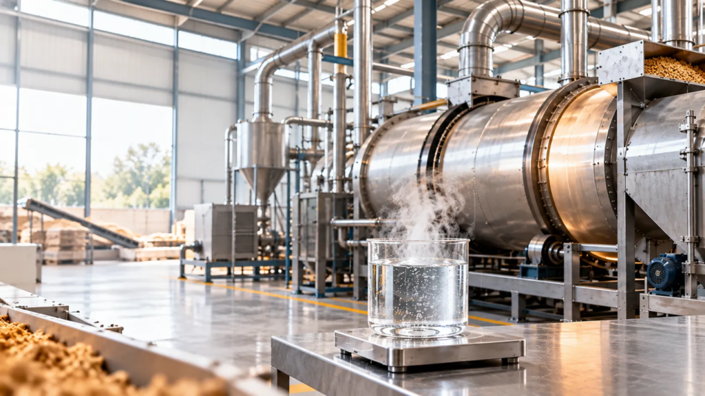 Industrial rotary dryer system in a modern processing plant with a steaming water sample on a stainless-steel platform.
